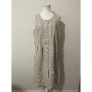 LL Bean Linen Button Front Sleeveless Midi Dress Size 12 Reg Beige Casual